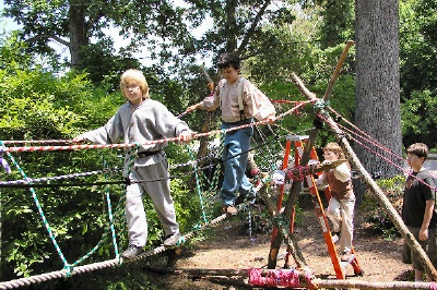 Photo of WNCHA History Club boys on the rope bridge they built.