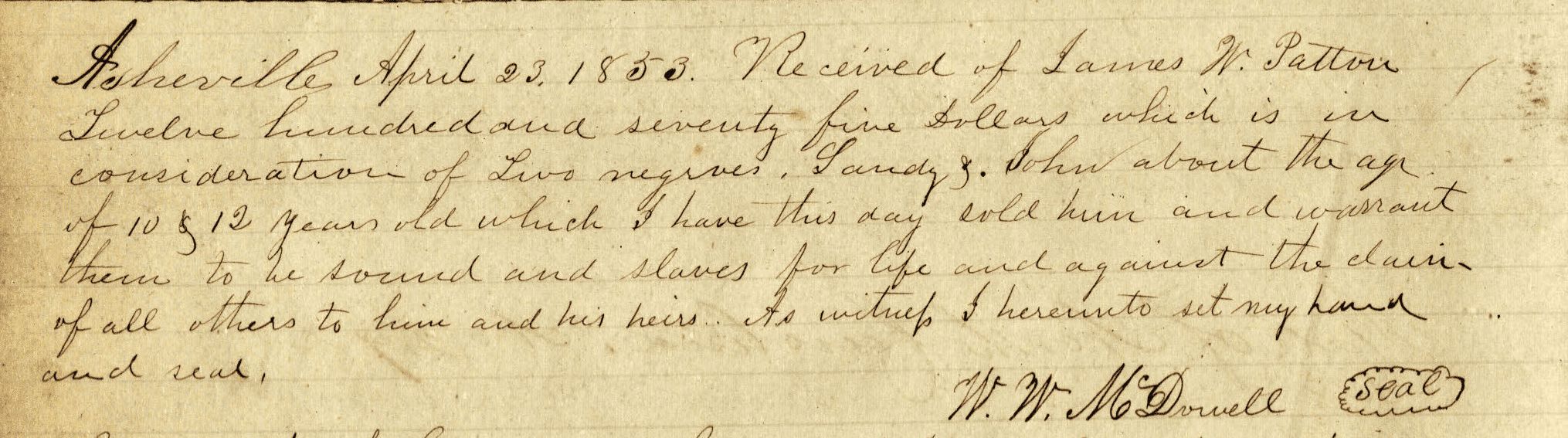 1853_Sandy and John_Bill of Sale_WW McDowell_crop