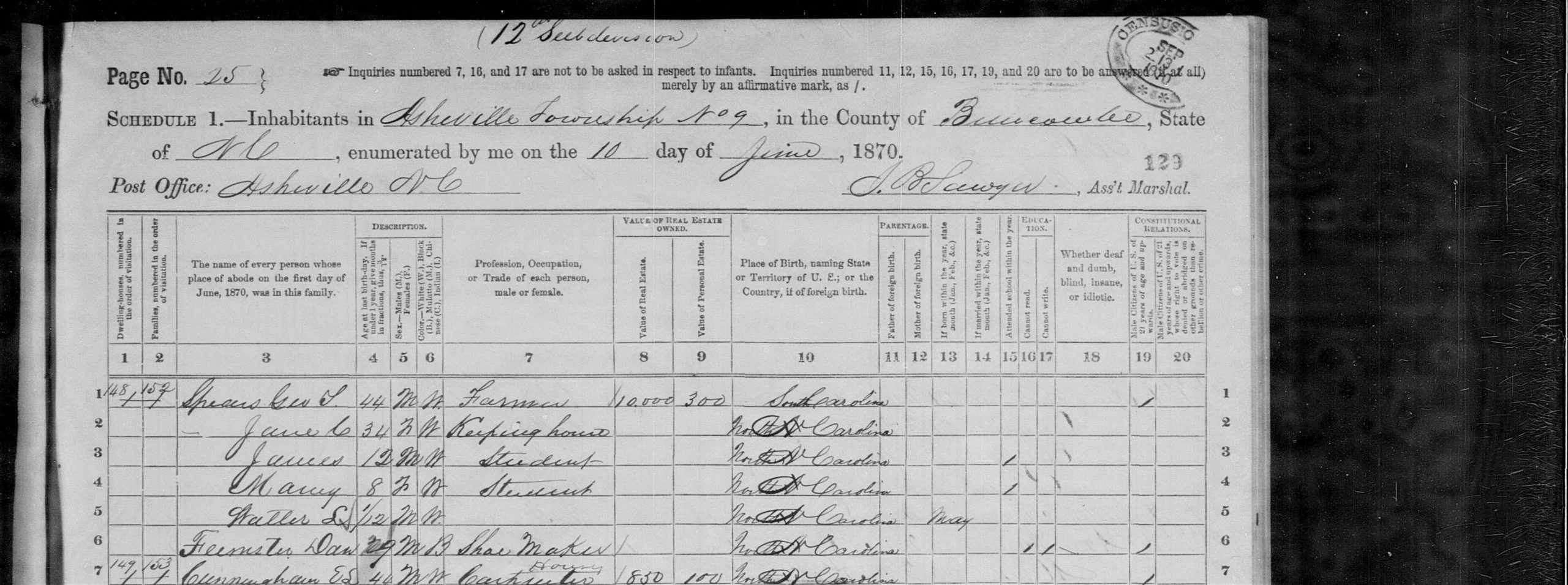 Close up of the George Spears household in the 1870 census