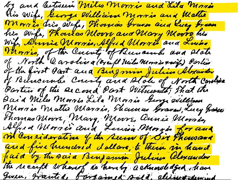 Deed from 1889 naming members of the Morris family as the grantors and Benjamin Julius Alexander as the grantee for the sale of about one acre of property at the junction of Patton Ave. and S. French Broad Ave. for the sum of $6500