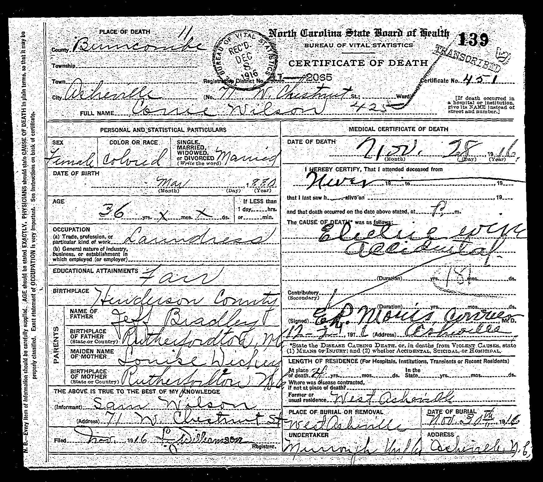 1916_Corrie Wilson_b1880_Death Certificate_parents Jeff Bradley and Louise Dickey