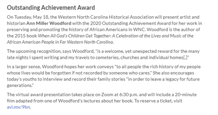 a news article about Ann Miller Woodford winning WNCHA's Outstanding Achievement Award
