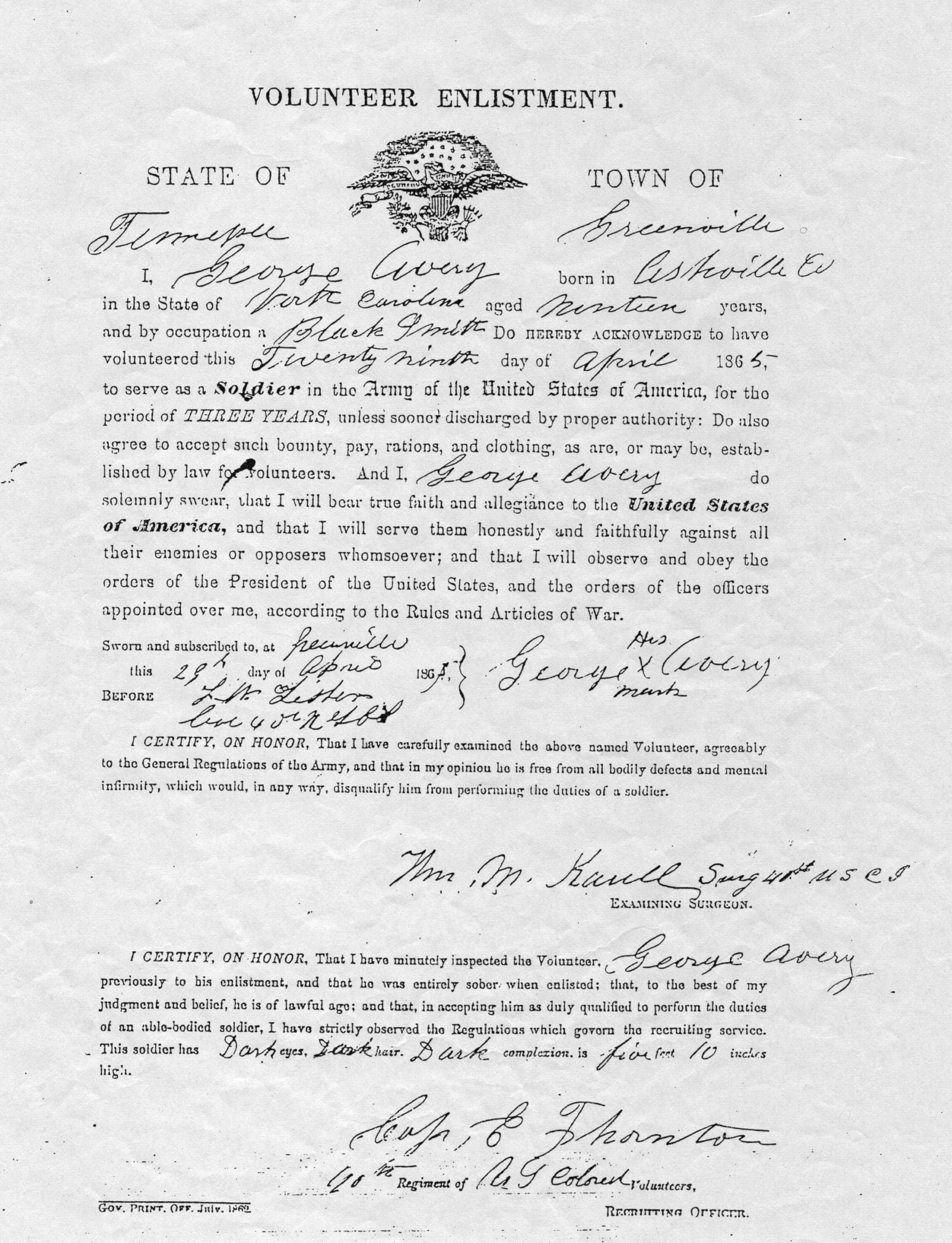Avery, George_enlistment paper George Avery - age 71